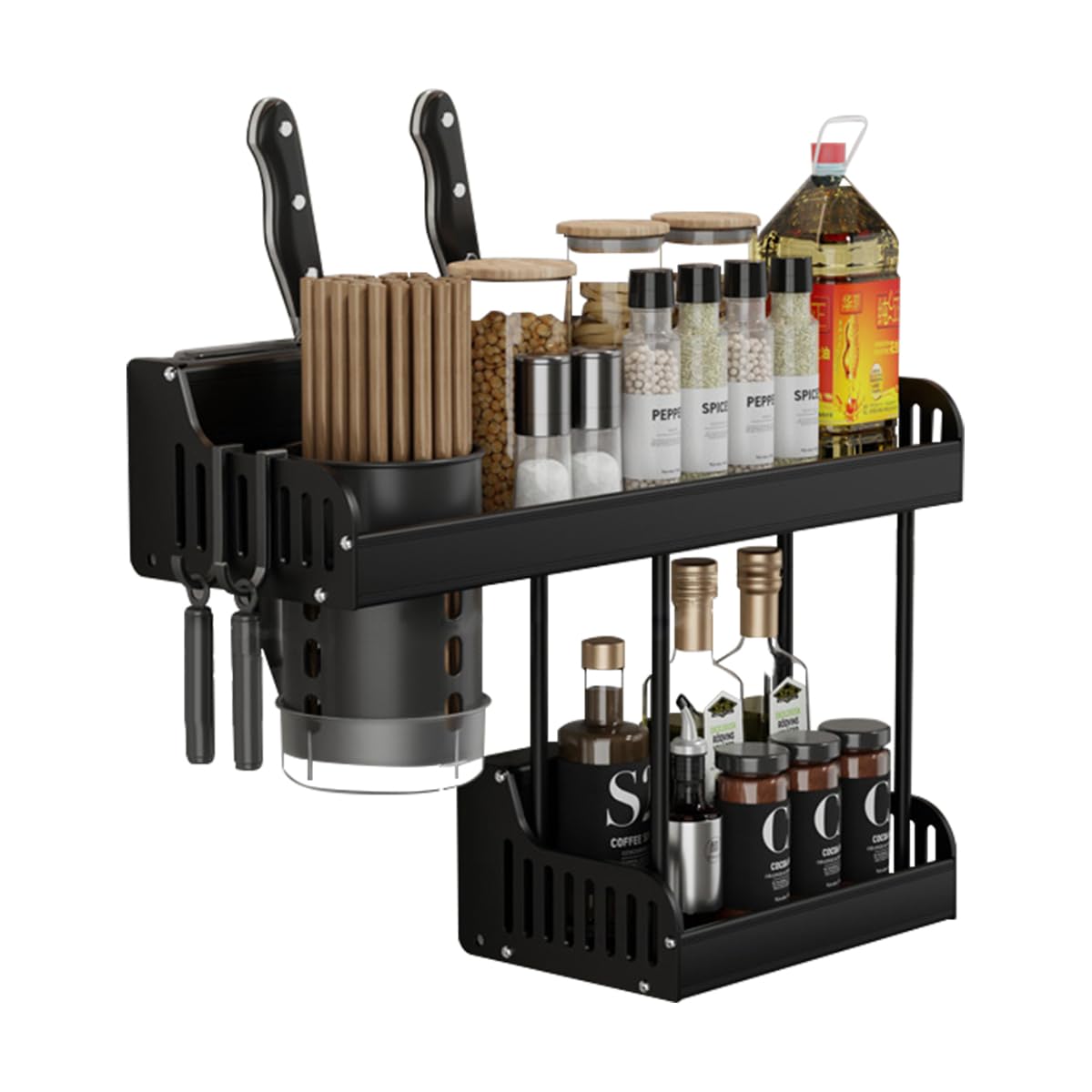HASTHIP Wall Mount Aluminium Hanging Utensil Display Rack for Kitchen Storage with Double Layer Design