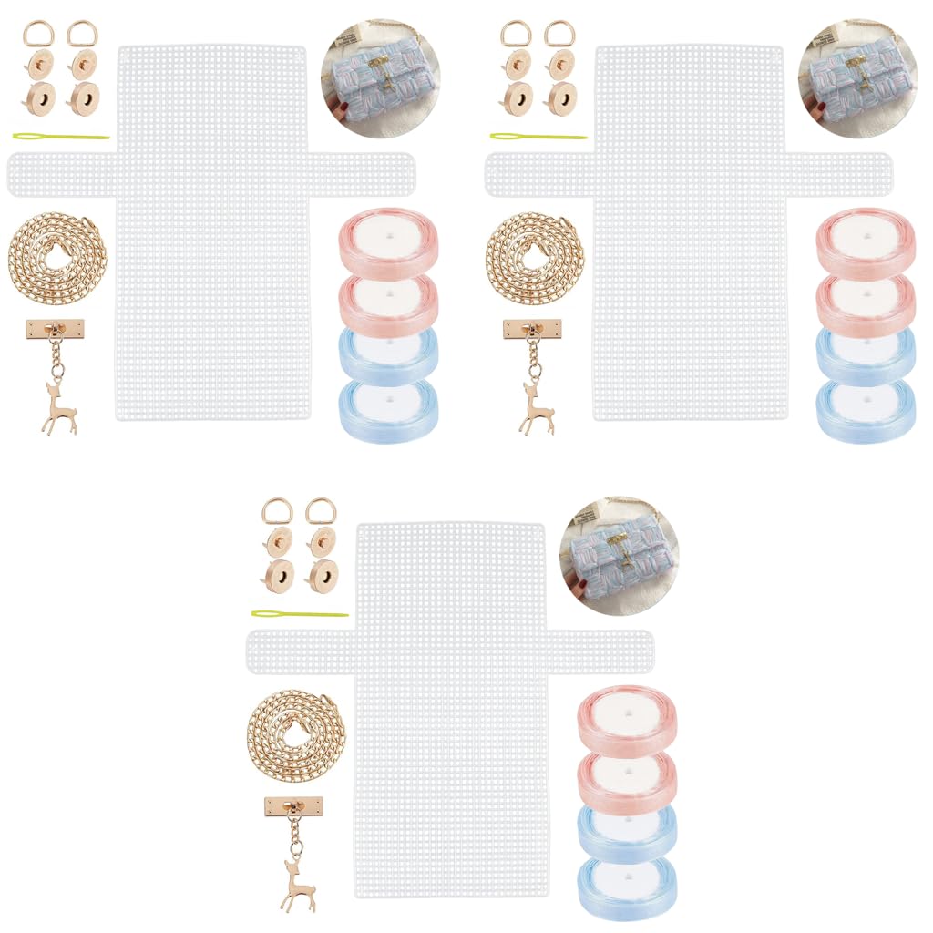 HASTHIP Plastic Mesh Canvas Sheet for Bag Making with Golden Chain & Acrylic Yarn Kit | 3PCS DIY Crochet Craft Set