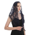HASTHIP® Mantilla de Encaje para Misa,Velo Triangular con Diseño de Rosas y Flecos para Mujer,Chal Recatado y Elegante Iglesia Catedral Ceremonias - Azul Marino