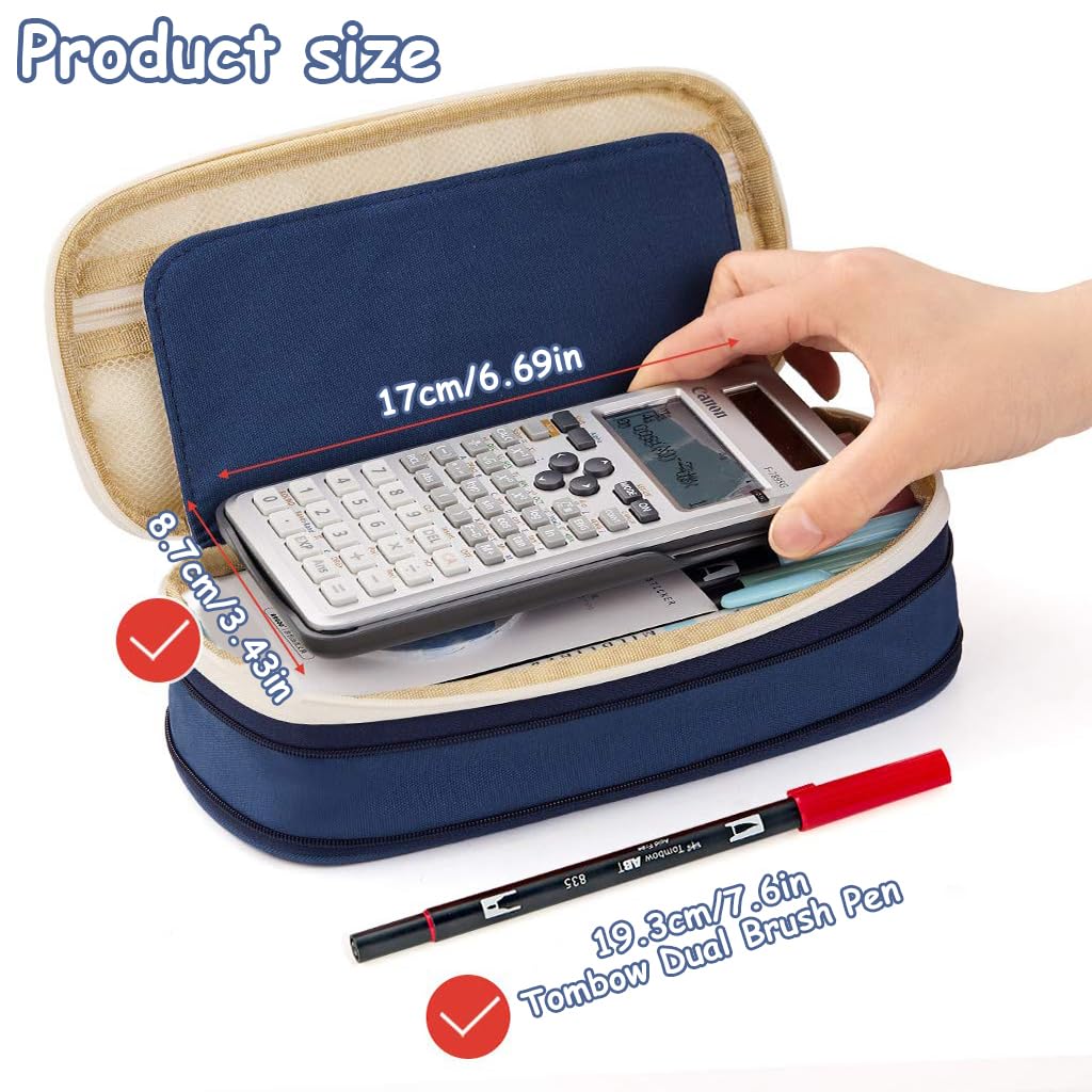 HASTHIP Pencil Pouch for School and Office with Double Zipper Compartments 22x11 cm | Navy Blue Nylon Case