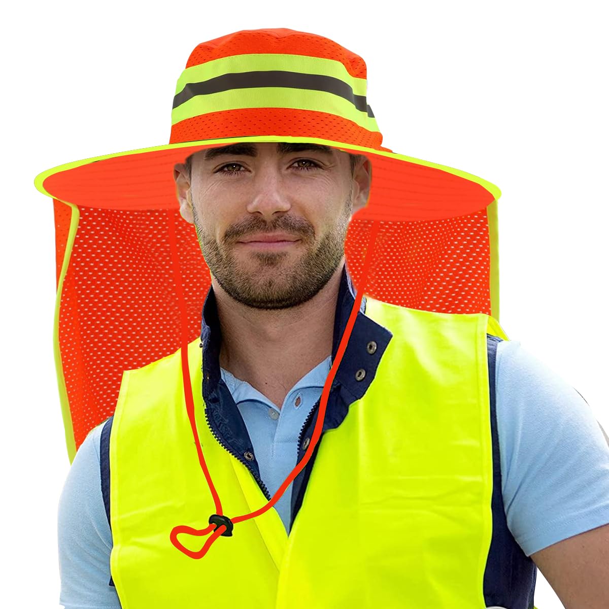 HASTHIP® High Visibility Safety Reflective Bucket Hat with UV Protection, Breathable Mesh Neck Flap, Adjustable Fit for Men & Women, Ideal for Night Work, Hiking, Fishing, Neon Color Design