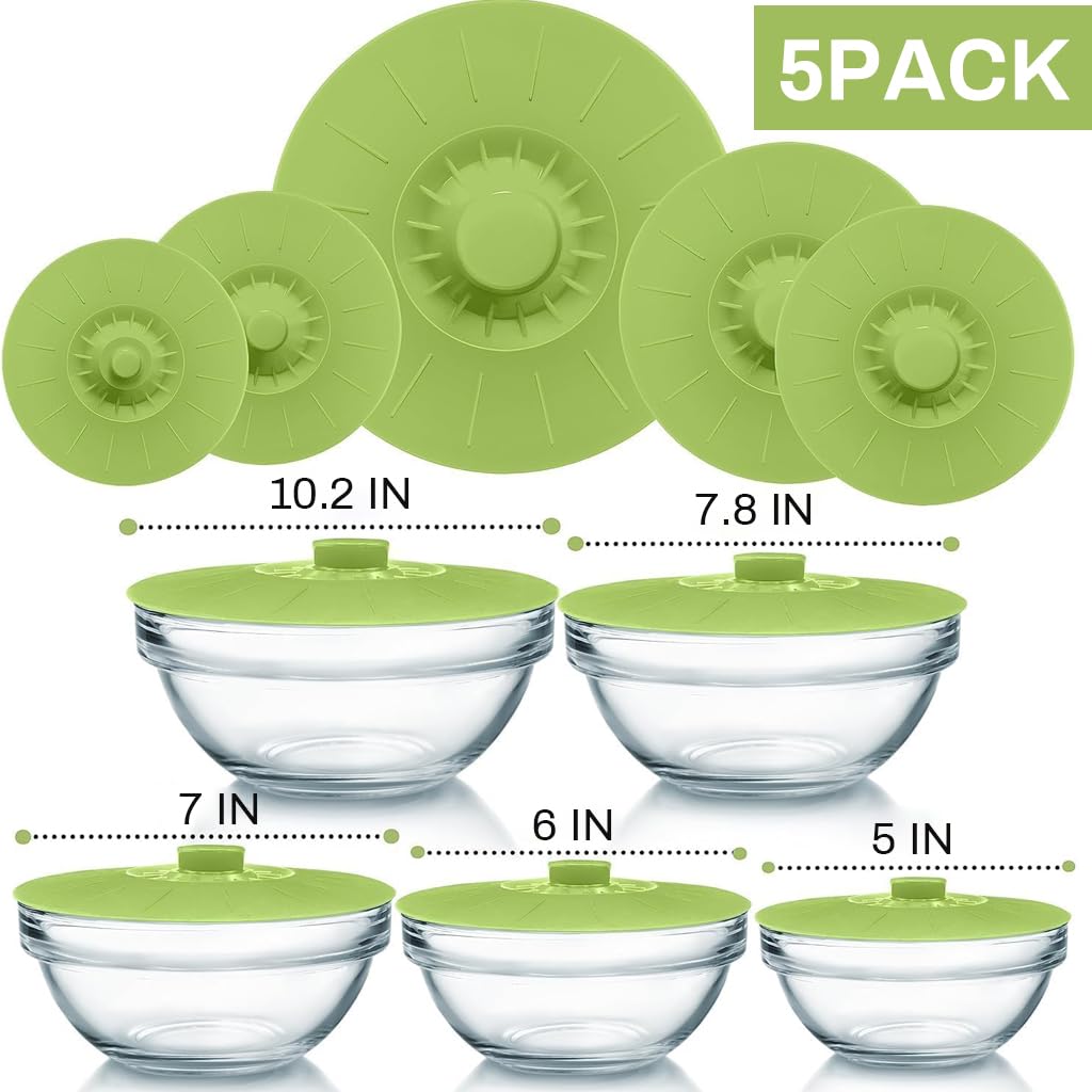 HASTHIP Silicone Lids for Bowls 5 Sizes 13.2–26.2cm with Reusable Suction Seal Covers Green