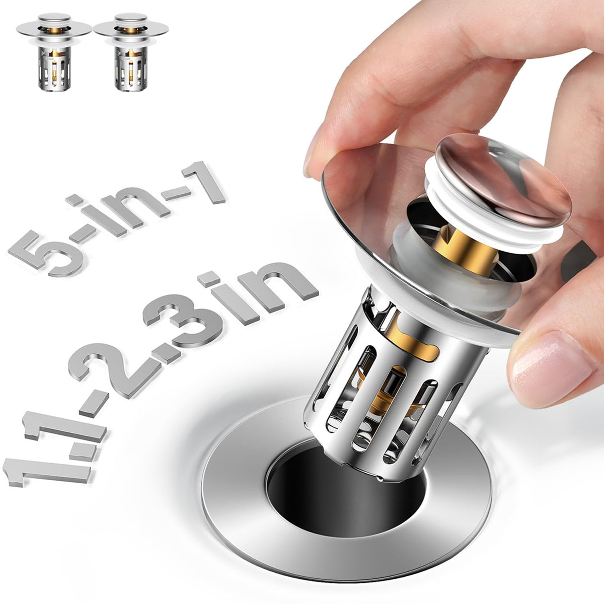 HASTHIP® 5-in-1 Pop-Up Bathroom Sink Stopper with Removable Hair Catcher,Anti-Clog Drain Strainer,Odor-Blocking One-Way Flow Design Universal Fit 1.1–2.36 in Brass Core & Stainless Steel -