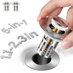 HASTHIP® 5-in-1 Pop-Up Bathroom Sink Stopper with Removable Hair Catcher,Anti-Clog Drain Strainer,Odor-Blocking One-Way Flow Design Universal Fit 1.1–2.36 in Brass Core & Stainless Steel -