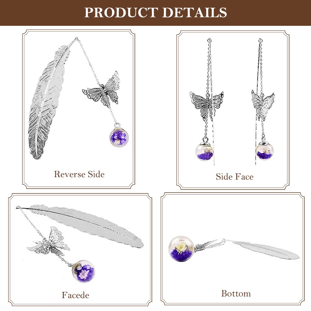 HASTHIP Metal Feather Bookmark for Reading and Gifting featuring 3D Butterfly & Glass Bead | 3 PCS Copper Silver Set