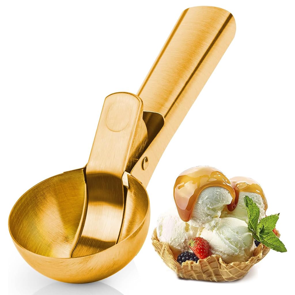 HASTHIP Ice Cream Scoop for Dessert and Fruit with Easy Trigger Lever 7 in Golden Stainless Steel Handle