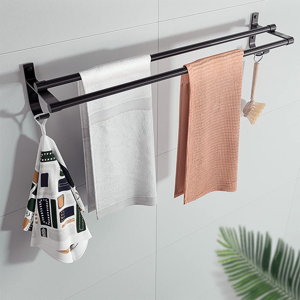 HASTHIP Towel Rack for Bathroom with Double Poles and Side Hooks featuring 15.7 in Rustproof Aluminum Wall Mount | Black