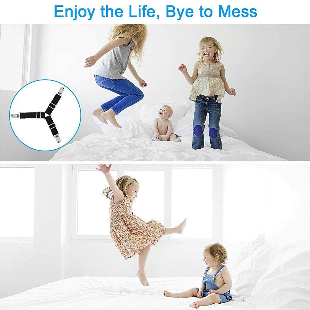 HASTHIP Bed Sheet Holder Straps 8 Pcs for Corner Grip with Triangle Design & Metal Clips | Black
