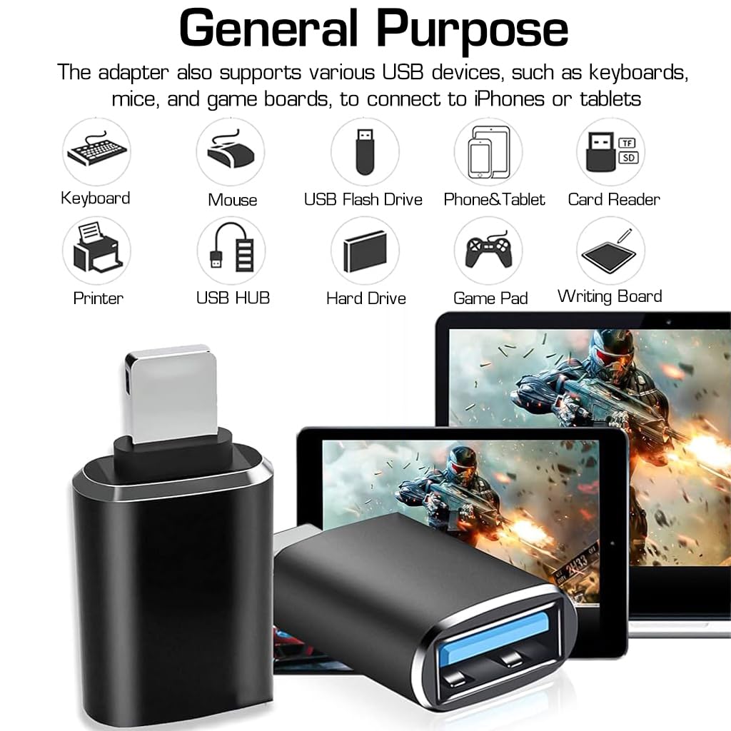 HASTHIP® USB OTG Adapter for iPhone, Lightn-ing Male to USB Female Transfer Portable USB Camera Adapter OTG Data Sync Adapter for iPhone13/12/11/Xr/X/XS/8/7/Card Reader/Flash Drive/Mouse/MIDI Keyboard