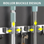 HASTHIP Broom Holder Rack with 5 Racks and 6 Hooks for Wall featuring Roller Clips | Stainless Steel Self Adhesive Mount for Kitchen Bathroom Garage