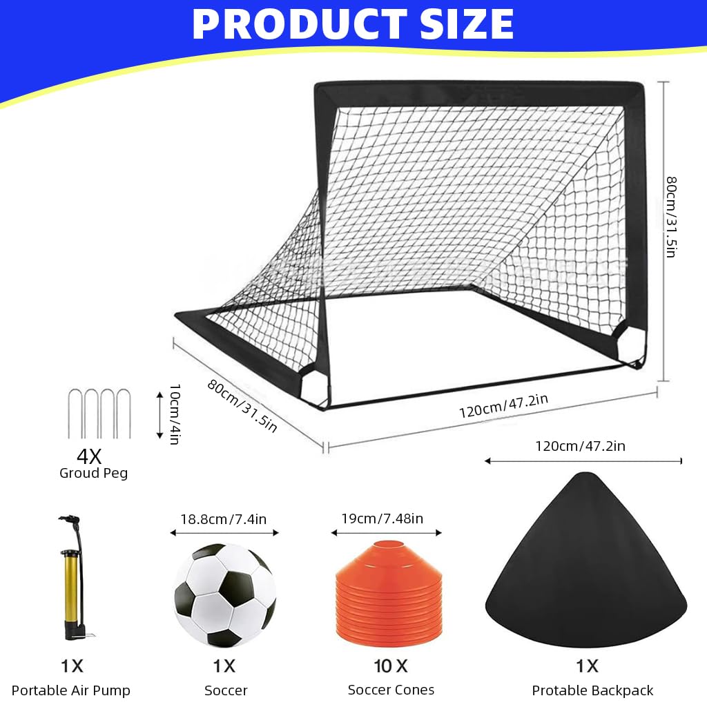 HASTHIP® Football Goal Net Kit for Kids, Football Training Goal Target Net with Inflatable Soccer Ball, Inflator Pump, Ground Stakes, Training Cones, Black Training Cone Marker 47x37x35 Inch