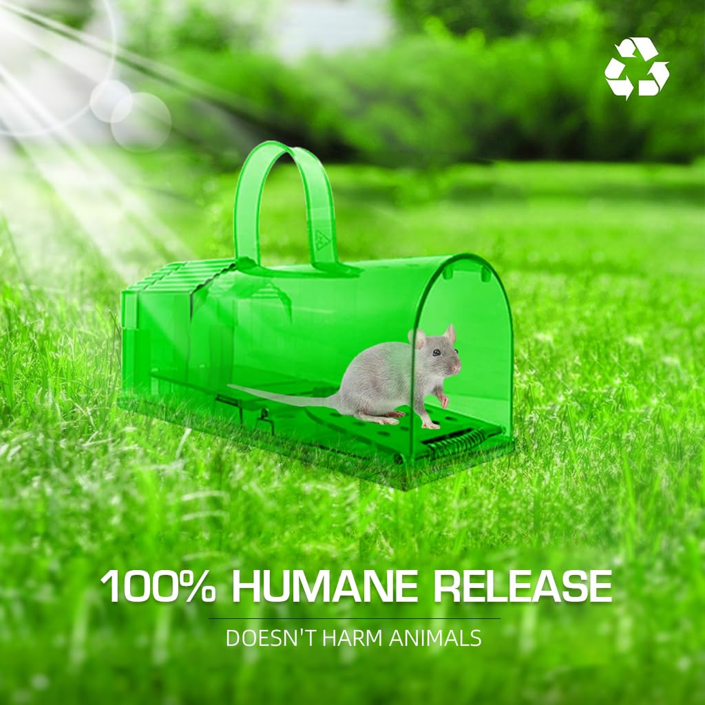 HASTHIP® 2 Piece Large Mouse Trap with Handle - 7.9 Inches Green Large Rat Trap - No-retreat Spring loaded Door Mouse Trap - Humane Mouse Trap - Easy to Set Up - Mouse Catcher Reusable
