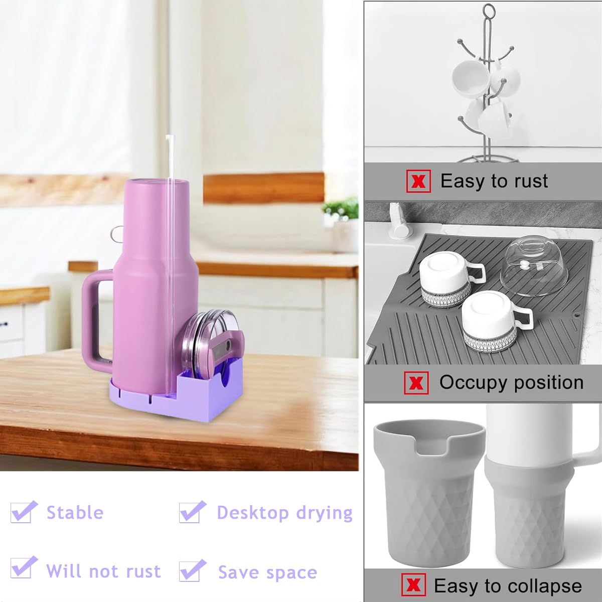 HASTHIP Water Bottle Drying Rack for Stanley Cup with Lid Holder and Straw Slot | Purple Silicone 10.5 cm Tray