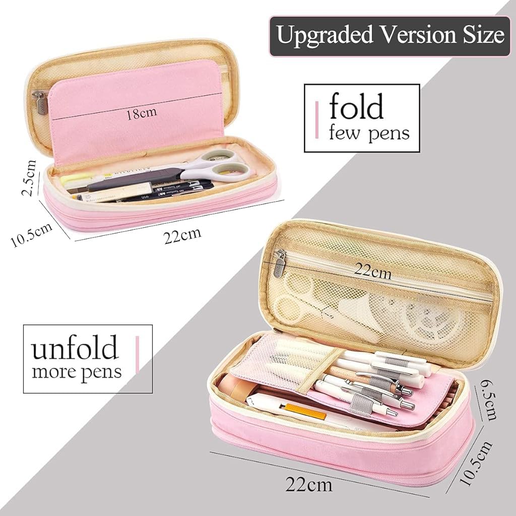 HASTHIP Pencil Case with Double Zipper and Multiple Compartments for College Students | 2PCS Canvas Pouch