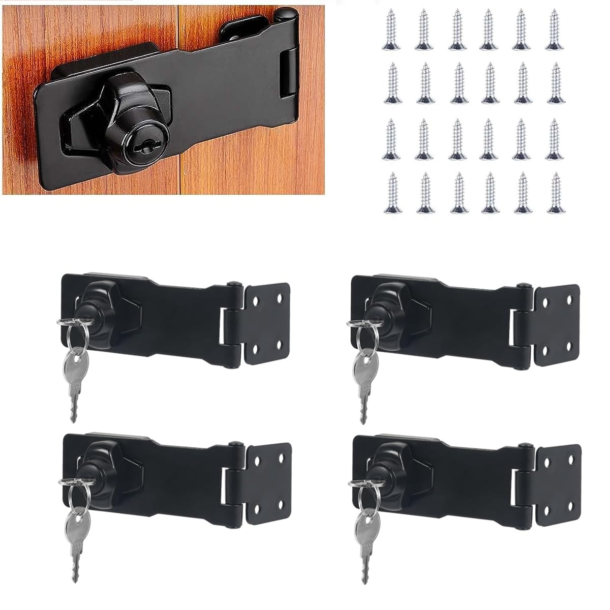 HASTHIP Door Lock Set for Drawers and Cupboards with Key Locking Hasp 80x32mm | Black Stainless Steel Security Latch