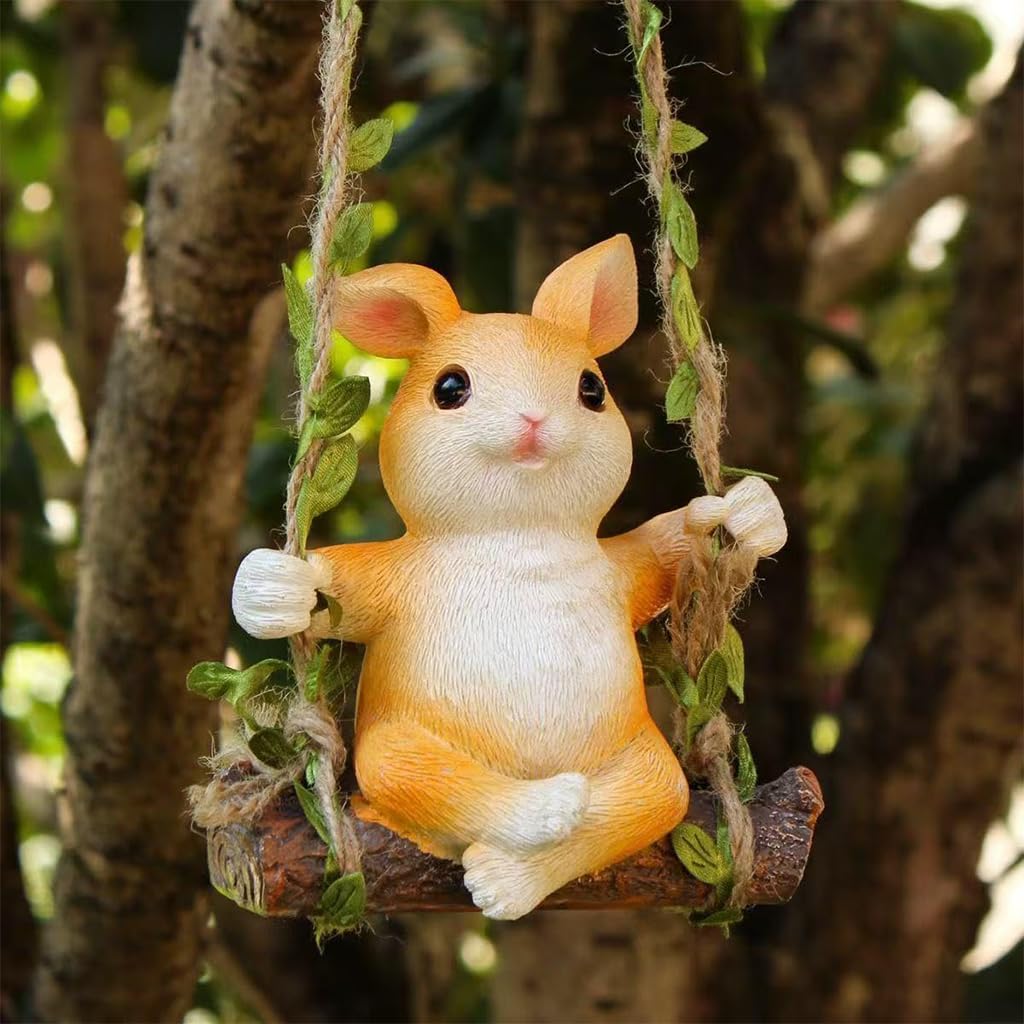 HASTHIP Lovely Rabbit Car Ornament for Home or Auto Decor with 35cm Hemp Rope | Resin Bunny Swing Figure 10x13cm