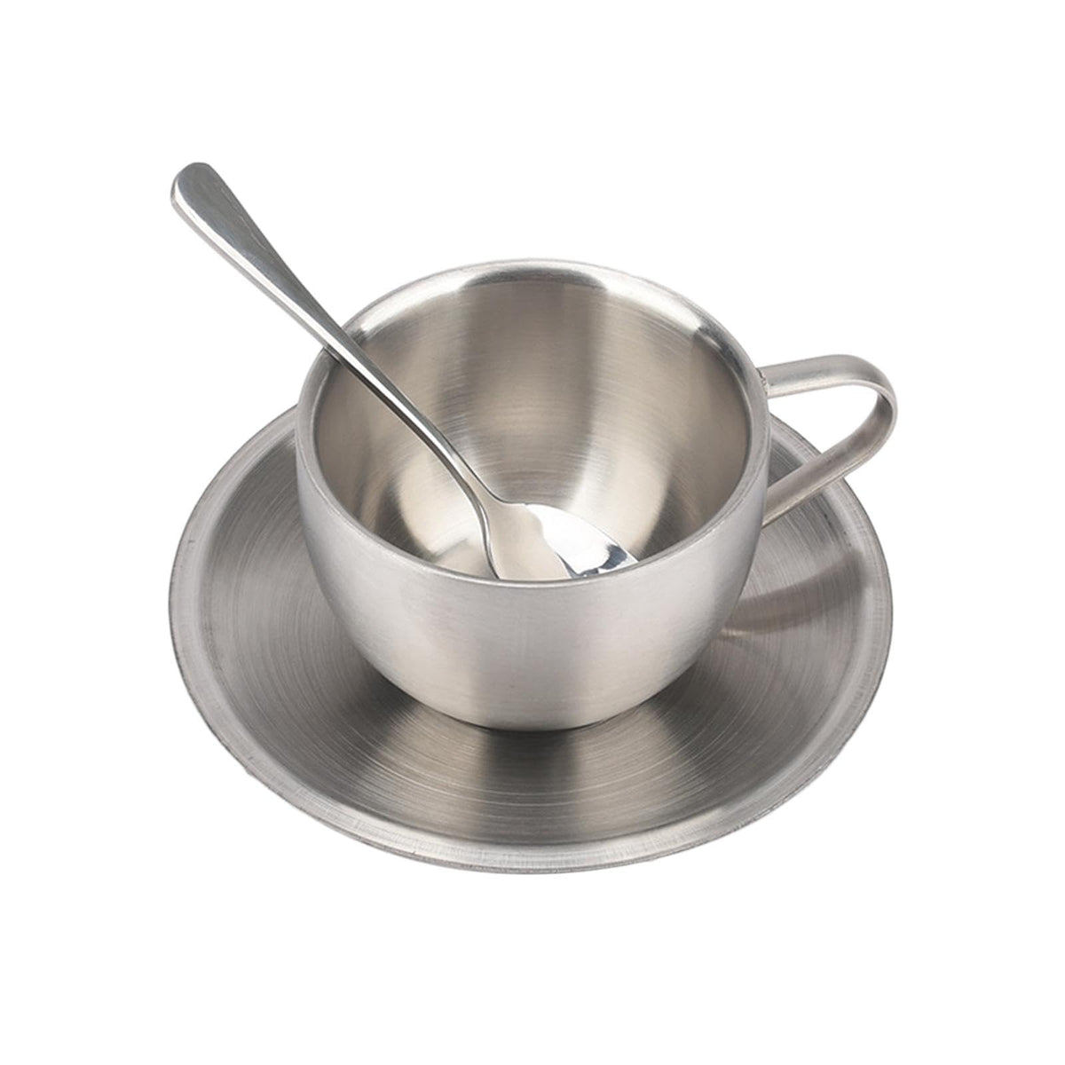 HASTHIP® Stainless Steel Coffee Cup Set, 6oz/180ml Double Wall Insulated Espresso Mugs with Saucer and Spoon, Durable Reusable Coffee Cups for Latte Cappuccino Milk Tea, Dishwasher Safe Silver