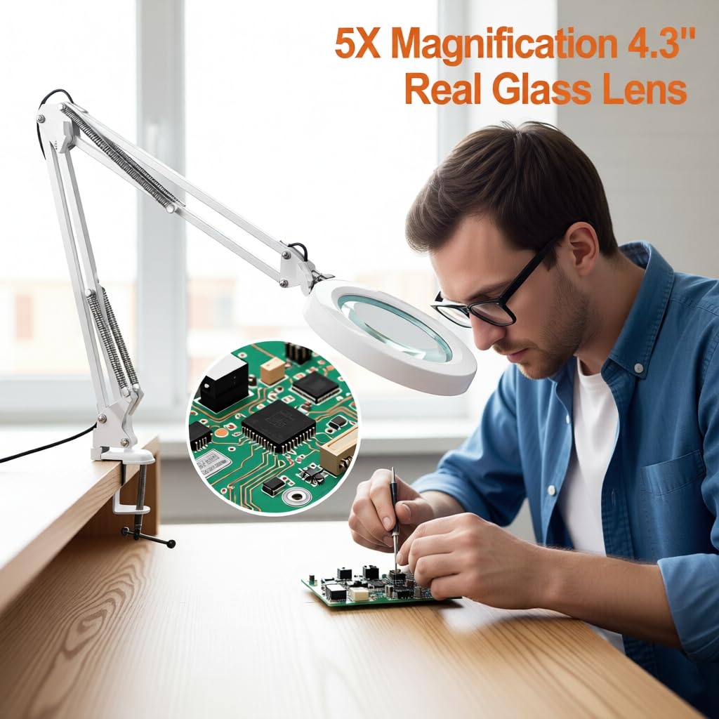 HASTHIP Desk Magnifying Glass for Crafting and Electronics Repair with 5X Lens featuring USB LED Light and Flexible Metal Arm | Screw Fix Mount