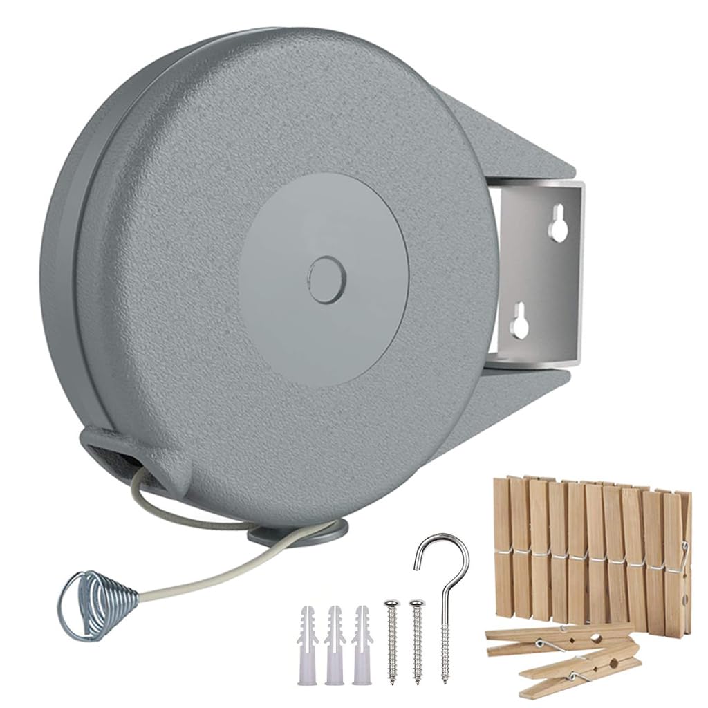 HASTHIP Retractable Clothesline for Indoor and Outdoor Drying with 39ft PVC Line and Wooden Clips | Supports 30lbs