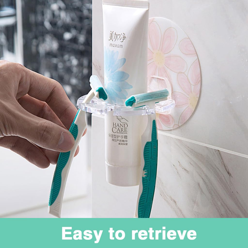 HASTHIP Wall Toothbrush Holder for Bathroom with 4 Slots and Central Toothpaste Organizer | Self-Adhesive Floral and Cactus Design Pack of 2