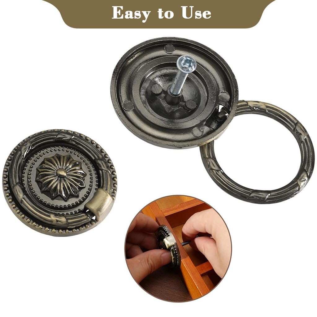 HASTHIP Antique Brass Drop Ring Pulls for Cabinet & Drawer 2PCS