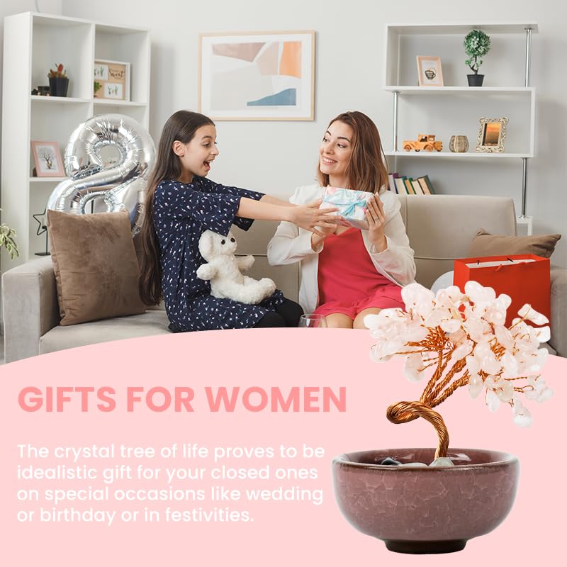 HASTHIP Crystal Tree Feng Shui for Desk Decor with Ceramic Basin and Pink Quartz 7x10cm | Good Luck Gift