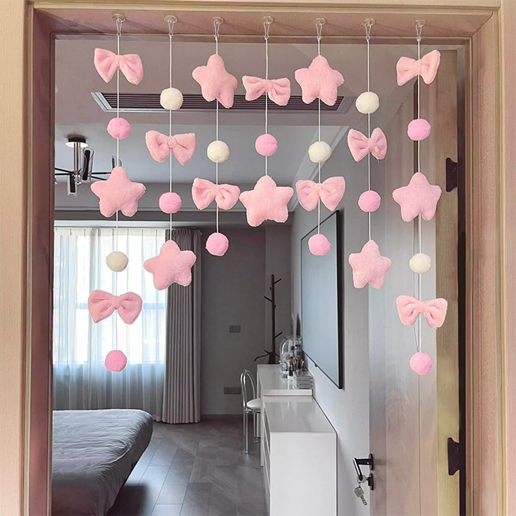 HASTHIP® 7Pcs DIY Pink Plush Hanging Garland Set with Suction Cups, Stringed Decorative Door Hanging Ornament, Soft Star Bow & Pom-Pom Decorative Garlands, Pastel Nursery Door Decor