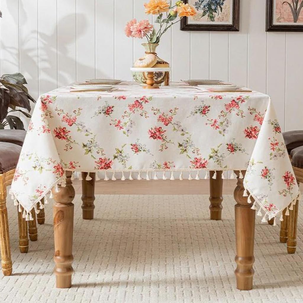 HASTHIP Tablecloth for 4 Seater Featuring Tassel Design and Water Resistant Cotton Linen Blend | 47.2 x 70.8 in Red Dining Table Cover