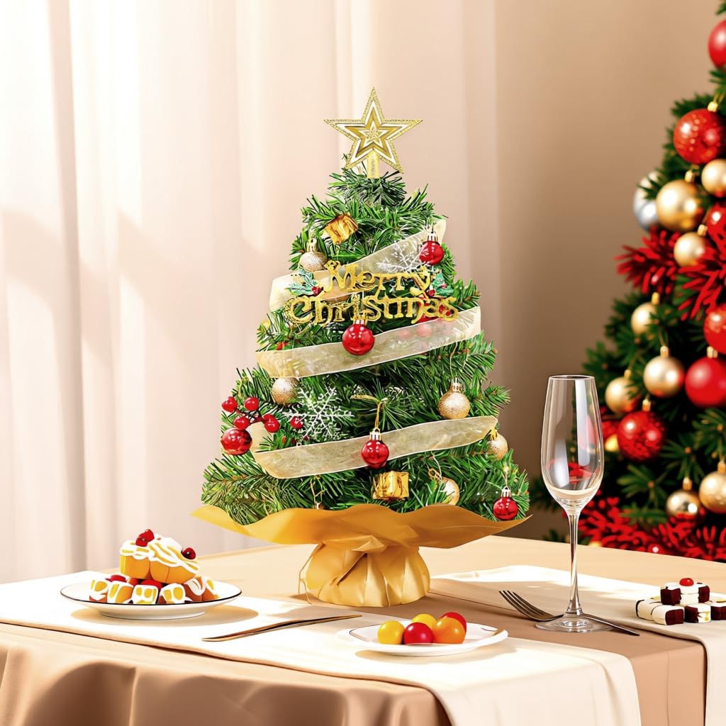 Christmas Tree for Home Decor with Full Set Decorative Items, 24 Inch/60 CM Premium Mini Xmas Trees for Christmas, Office School House Restaurants Store Decoration, DIY Assembly Xmas Tree