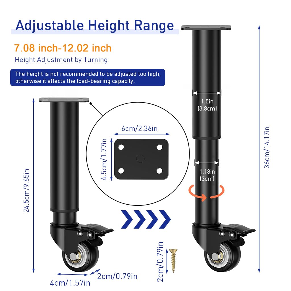 HASTHIP Furniture Legs for Tables and Cabinets featuring 7–12 in Adjustment and 360° Locking Wheels