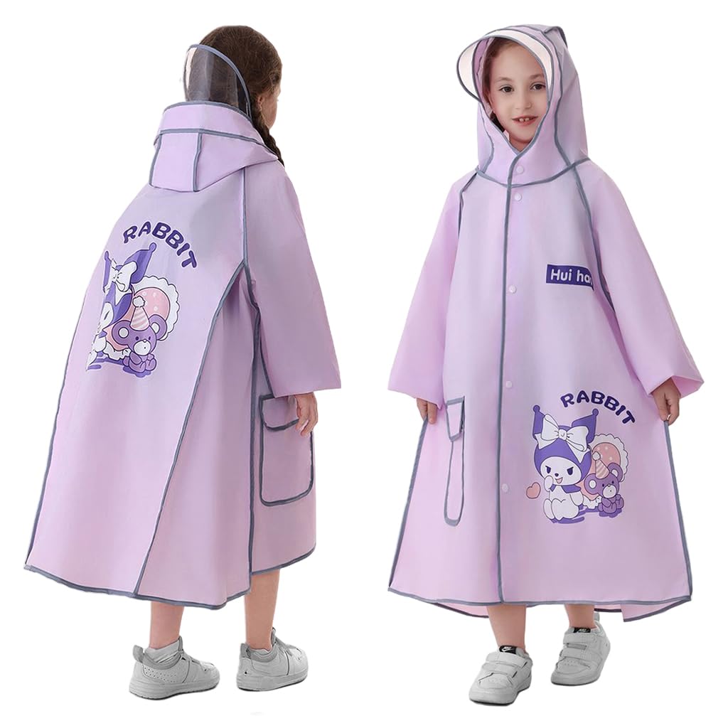 HASTHIP® Impermeable Infantil con Capucha para Niñas, Capa de Lluvia EVA Reutilizable, Largo hasta la Rodilla, con Visera Transparente Ancha y Bolsillo, Botones, Cuello Alto, Diseño de Kurom