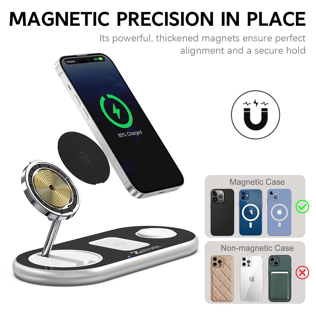 HASTHIP® 3 in 1 Charging Station, 15W Folding Wireless Charger, Faster Mag-Safe Charger Stand, for 16/15/14/Pro Plus, Watch iwacth, AirPods and Galaxy Series