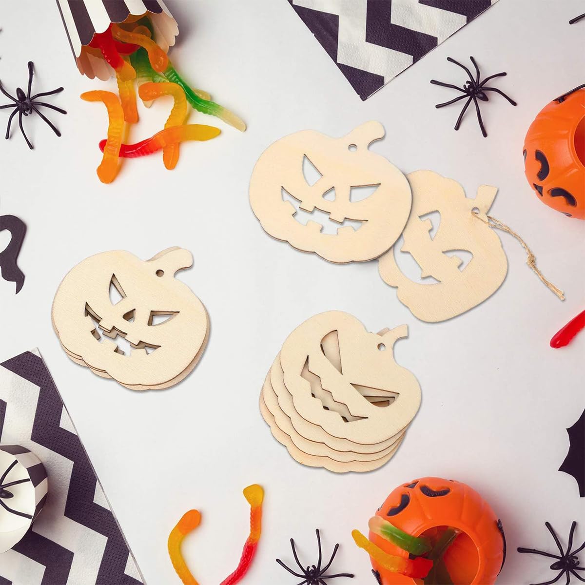 HASTHIP Halloween Decorations Set for DIY Crafting with 12Pcs Wooden Pumpkin Ornaments