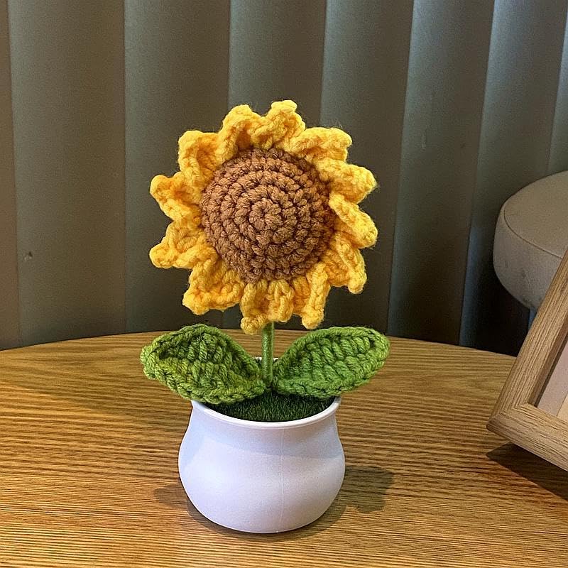 HASTHIP Desk Decor Small Crochet Sunflower Pot for Office or Home | Handmade 8x14cm Table Decoration