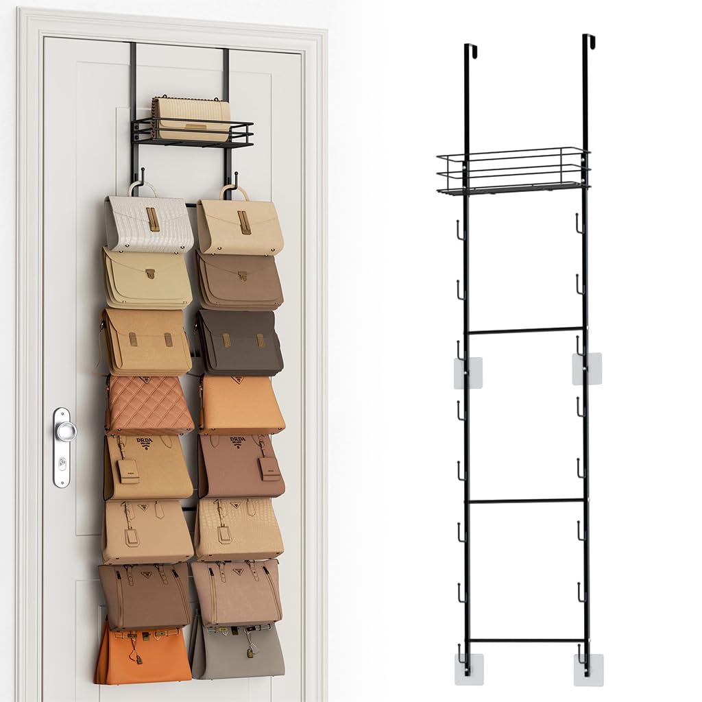 HASTHIP® Wall Hanging Bag Holder Carbon Steel Organizer Hook Rack, Door Back 10-Hook Design with Storage Shelf Space-Saving Over Door Hanging Storage Organizer for Bags, Hats, Bedroom