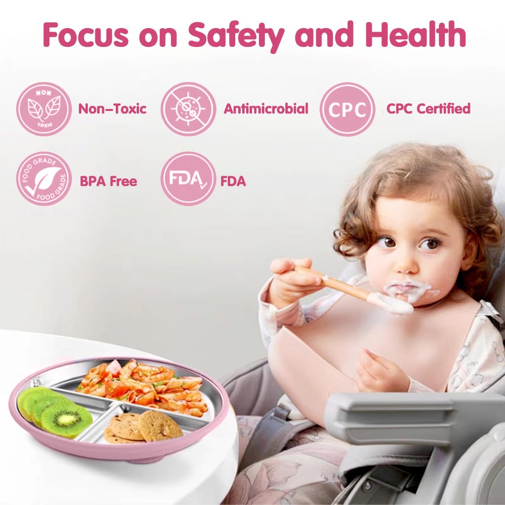 HASTHIP Steel Plates for Kids featuring 3 Compartments and Silicone Suction Base | 9 in Rustproof Stainless Toddler Dish