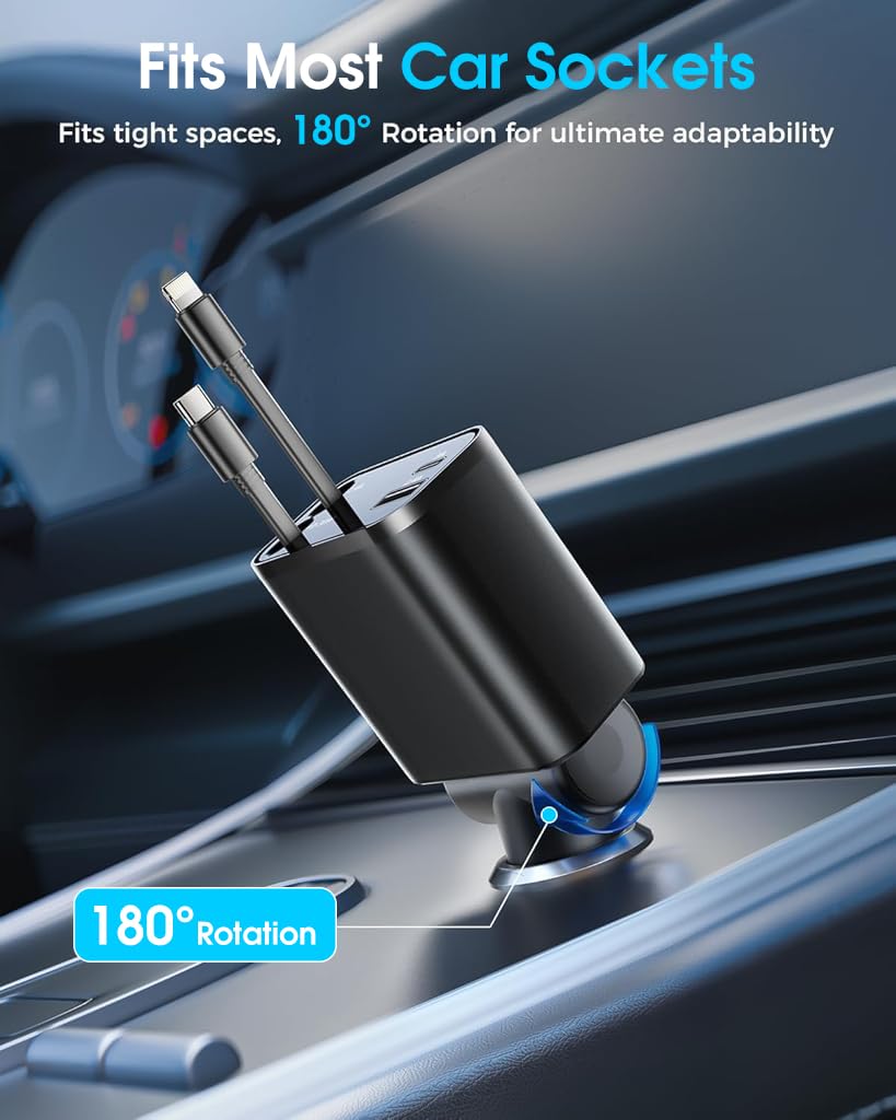 HASTHIP® Car Charger for Phone 4 in 1 PD 30W Fast Charger Dual Retractable Charging Cable Design 180 Degree Rotation Car Charger Universal Car Charger for Phone,
