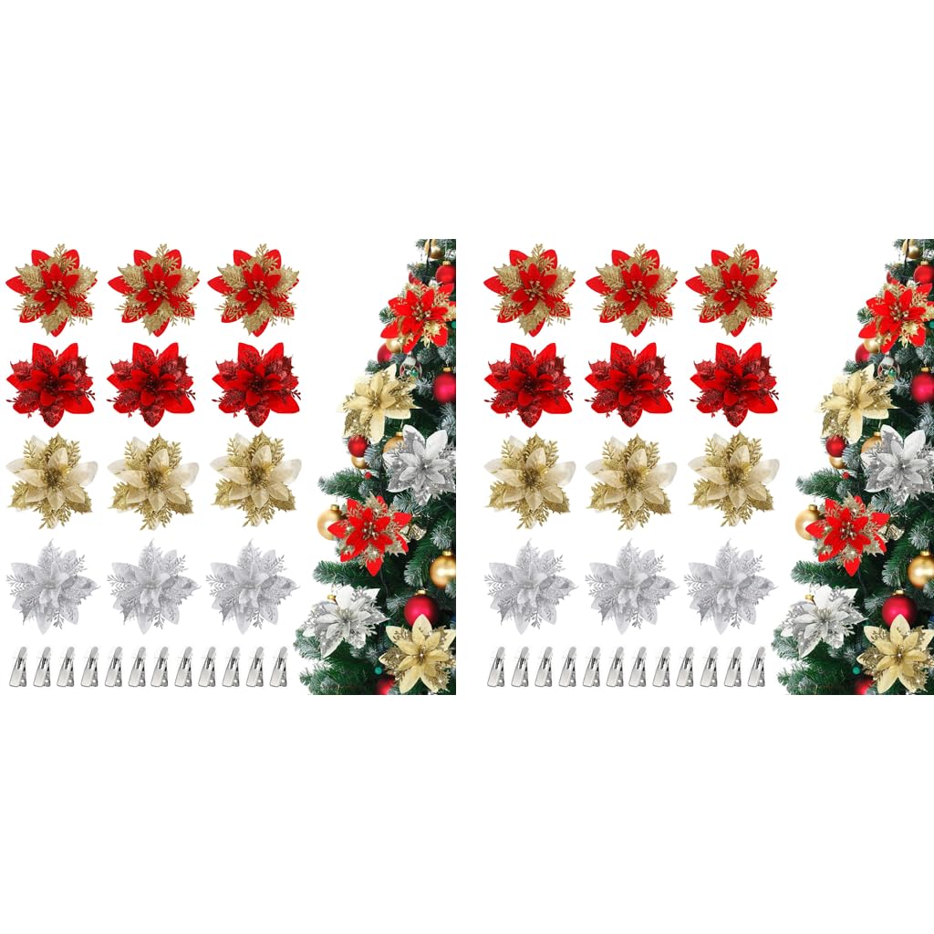 HASTHIP Christmas Poinsettias for Tree and Home Decor featuring 24PCS 5.5 in Red & Gold Flowers