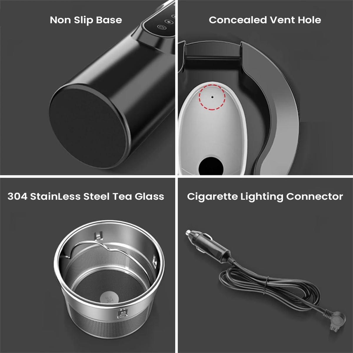 HASTHIP Car Electric Kettle 450ml for 12 24V Vehicle with LCD Temperature Display | 304 Stainless Steel Leak‑Proof Design