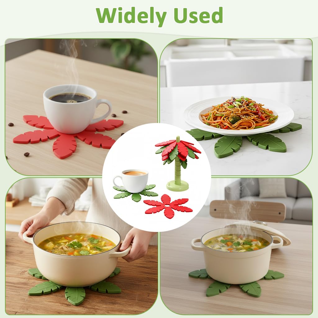 HASTHIP Silicone Tea Coaster Set for Dining Table with Decorative Holder 3pcs | Tropical Leaf Design
