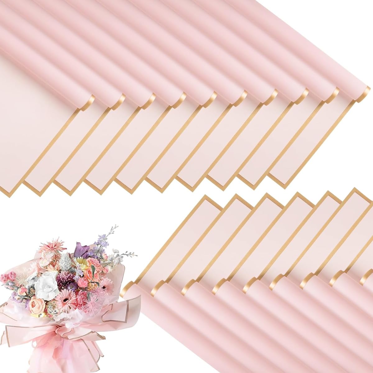 HASTHIP Gift Wrapping Paper Sheets for Floral Bouquets with Glossy Finish and Gold Border | 20 Sheets Waterproof Black 58x58cm