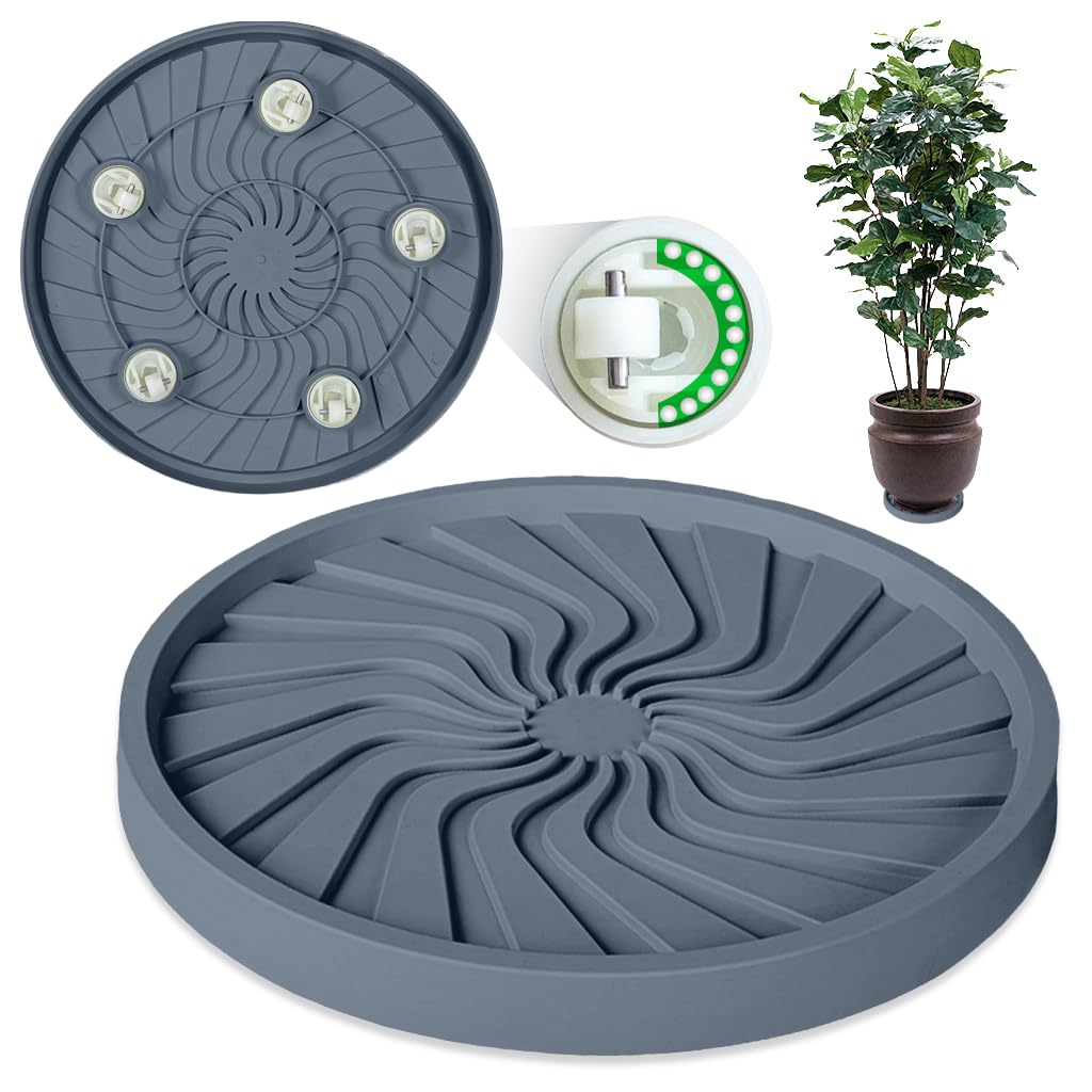 HASTHIP Plant Pot Stand for Indoor & Outdoor Use with 360° Wheels and Spiral Ridged Tray | 37 cm Grey PP Caddy