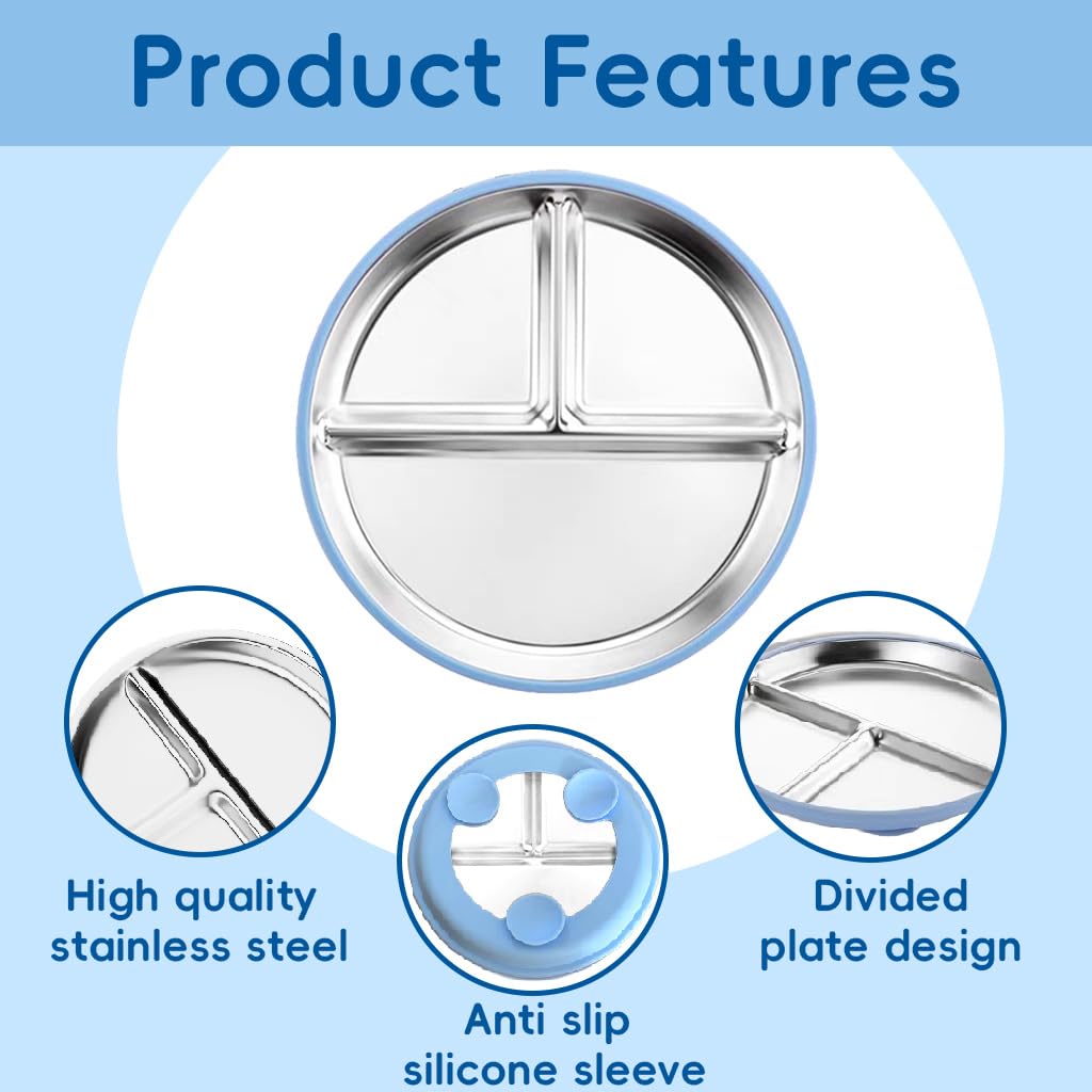 HASTHIP Kids Food Plate for Toddlers Self Feeding with Suction Cups 9 in 3 Compartment Stainless Steel