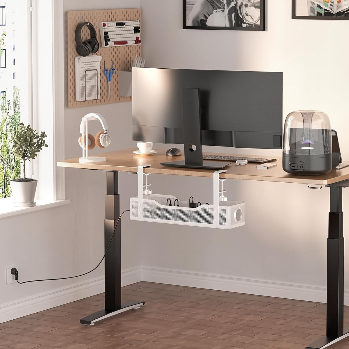 HASTHIP® No Drill Under Desk Cable Management Tray, Adjustable Metal Wire Organizer Rack with Clamp for Cord, Power Strip & Network Cable Storage, Office Or Home Use, 13x4.7x3.1 inches (White)