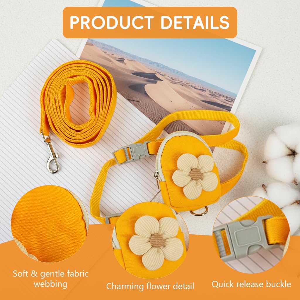 HASTHIP®Dog Cat Harness and Leash Set, Fabric Webbing Puppy Harness with Matching Leash, Mini Zipper Pouch & Cute Yellow Flower Accent, for 2-5kg Small Dogs Cats, L & M (Yellow, M)