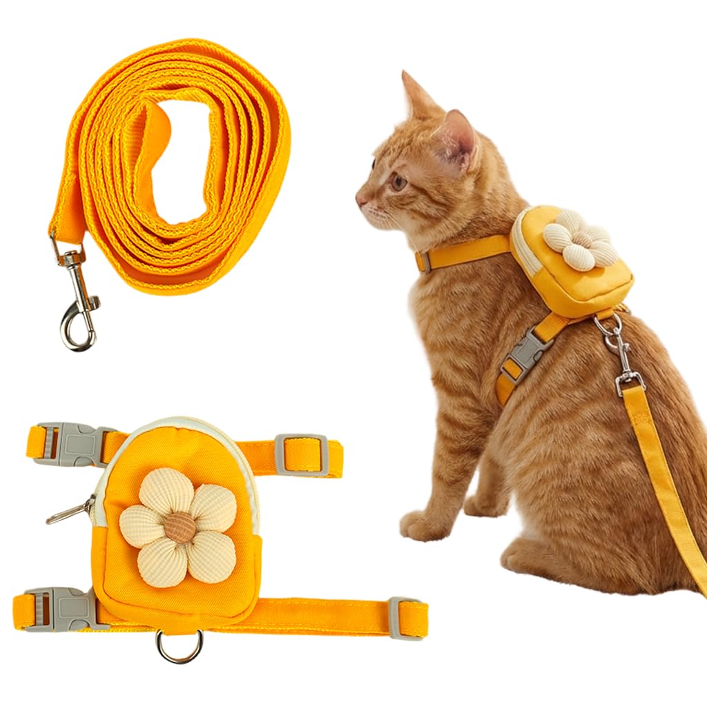 HASTHIP®Dog Cat Harness and Leash Set, Fabric Webbing Puppy Harness with Matching Leash, Mini Zipper Pouch & Cute Yellow Flower Accent, for 2-5kg Small Dogs Cats, L & M (Yellow, M)