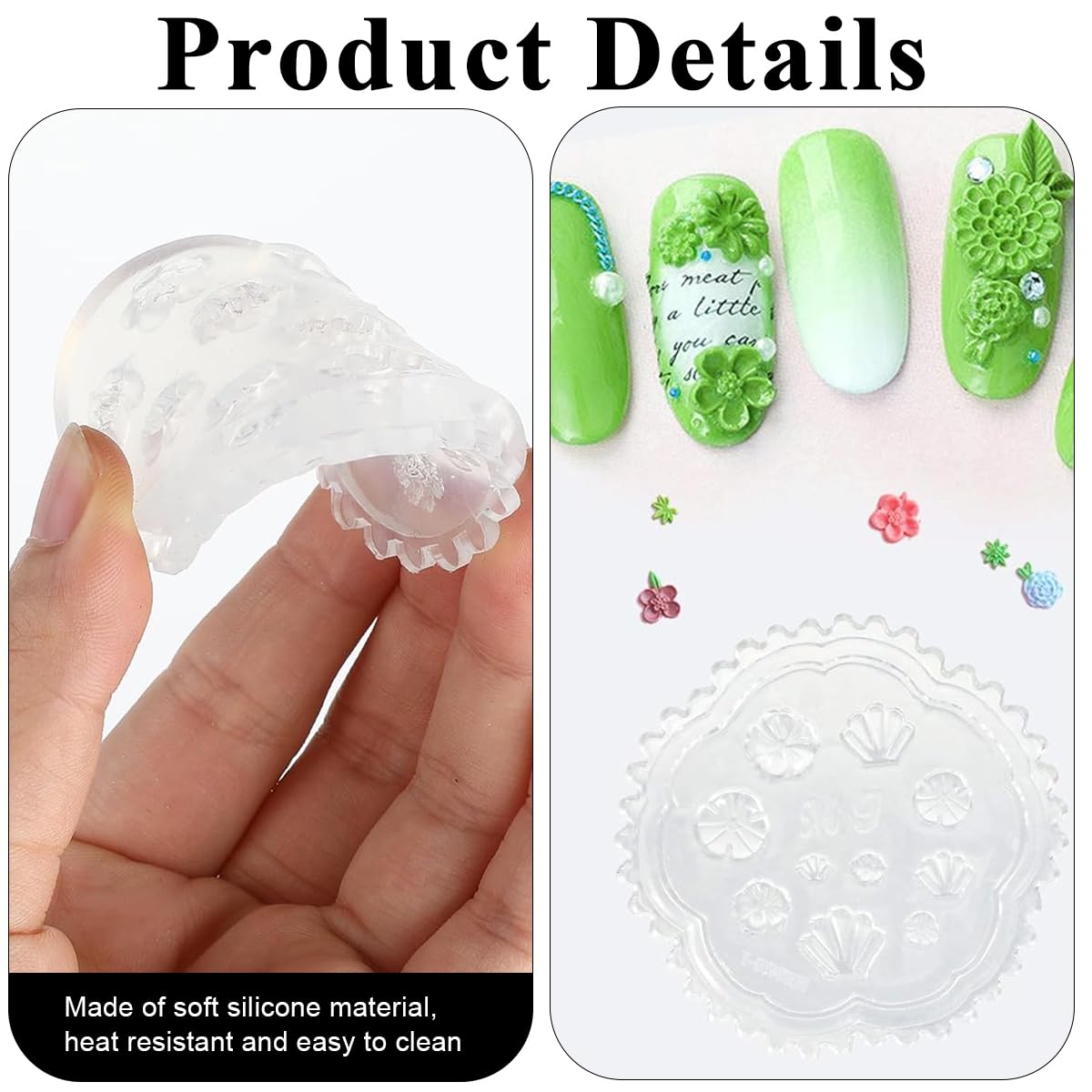HASTHIP Nail Charms Resin Mold Set for DIY 3D Nail Art with Hearts Flowers and Crowns | 5Pcs Silicone Molds