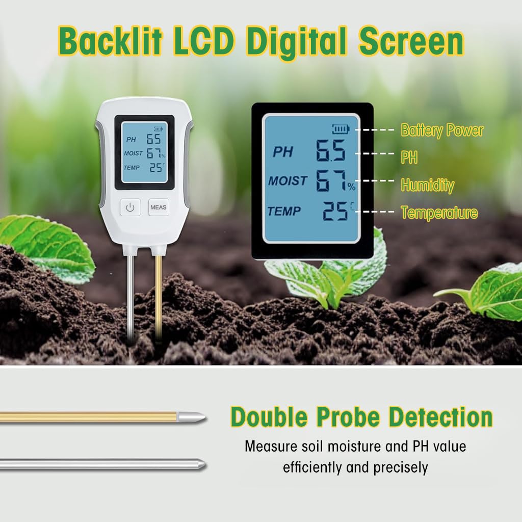 HASTHIP Soil Meter for Gardening with Dual Probes and LCD Display | Measures Moisture pH and Temperature -10°C to 90°C