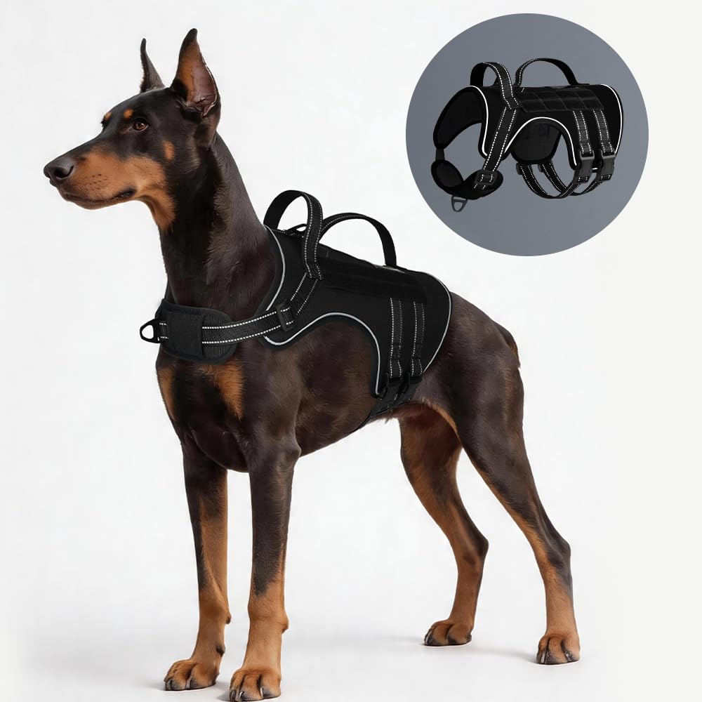 HASTHIP® Arnés Táctico para Perros, Arnés Ajustable Antitirones de Nylon 1000D con Sistema MOLLE, Chaleco Transpirable con Paneles Hook and Loop y 3 Asas Resistentes para Paseo Entrenamiento - Negr