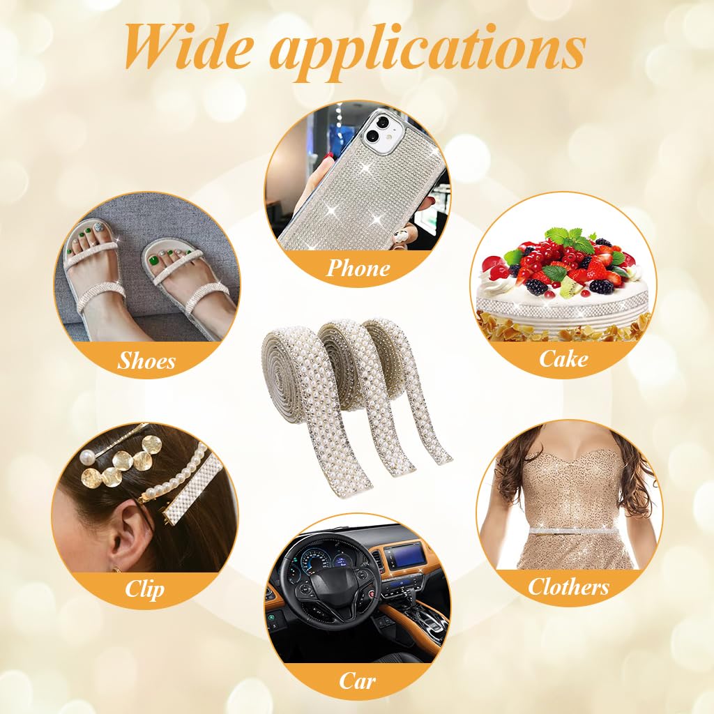 HASTHIP Pearl Rhinestone Ribbon Tape for DIY Decoration featuring Self Adhesive Strips 3 Rolls 1cm 1.5cm 2cm | 1 Yard Per Roll